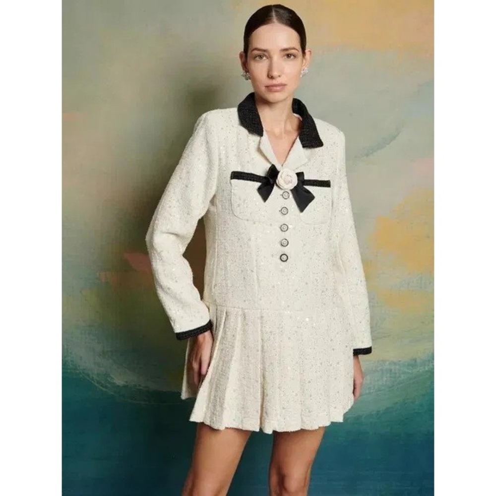 NWT Dream Sister Jane Tweed Mini Dress Size M Ivory Black Trim Sequin Bow Pleats